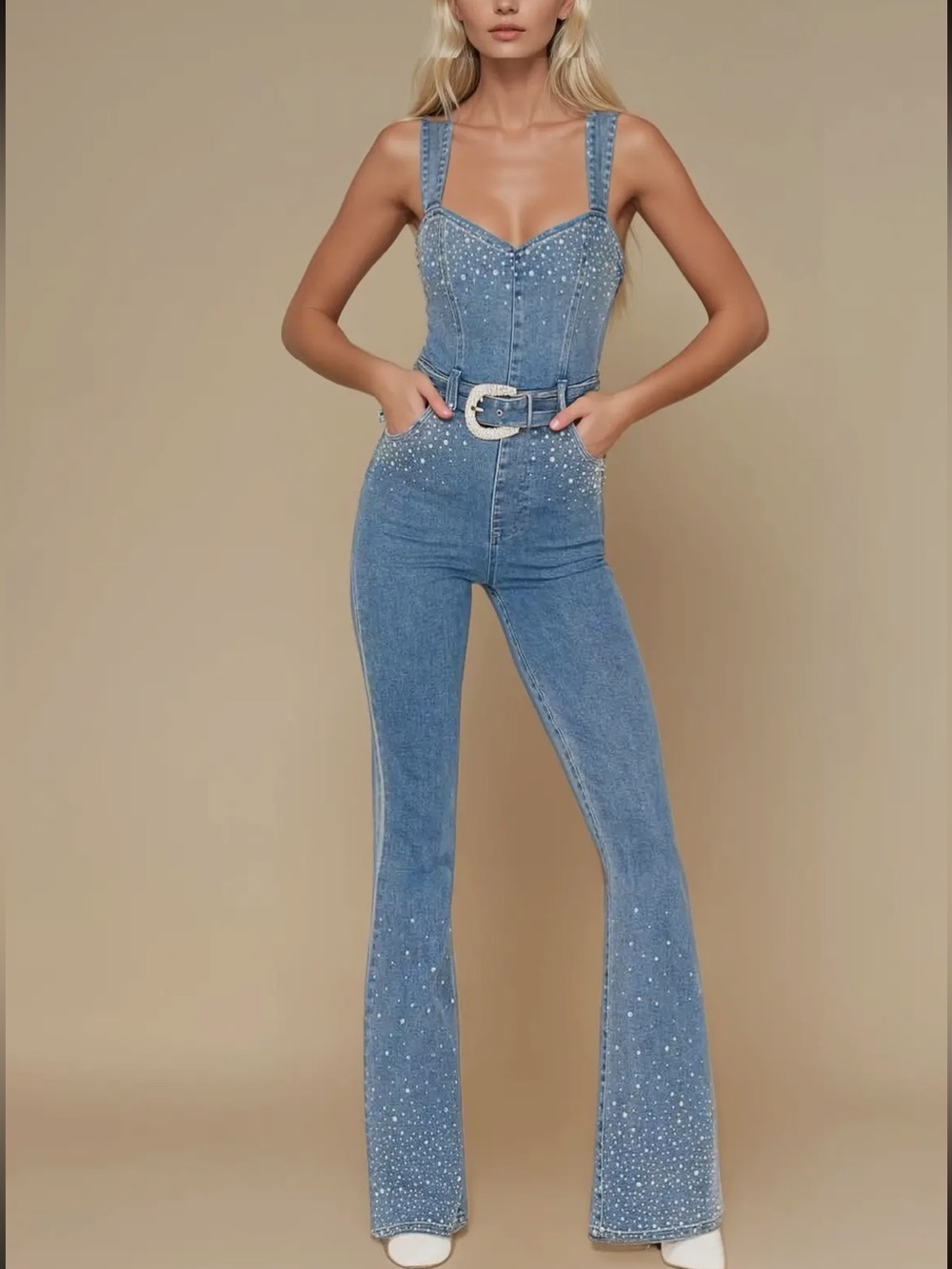 Western denim Embellished Blue Denim Jumpsuit with Belt